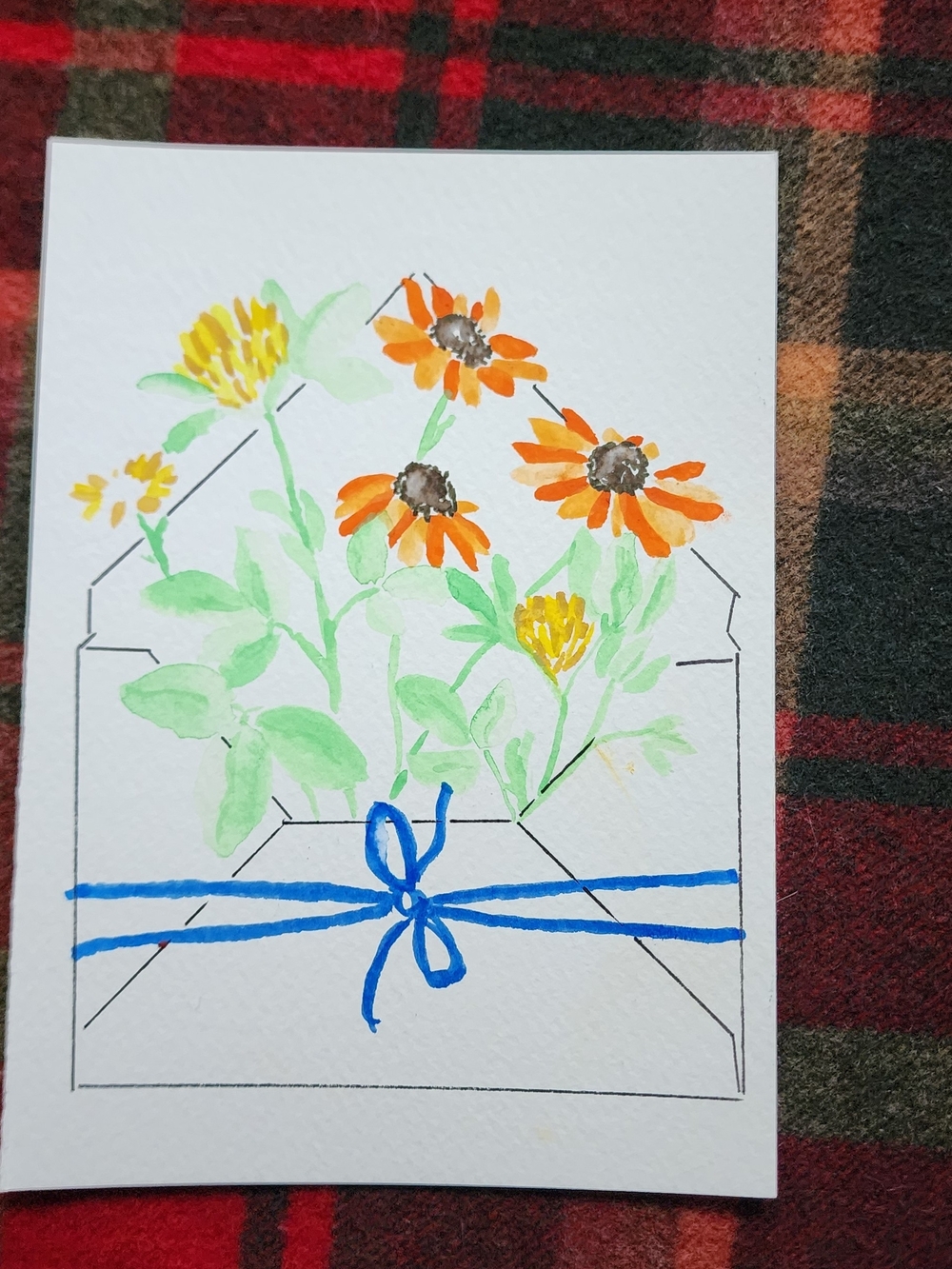 Hand-Painted Floral Envelope Art Print in Orange and Green